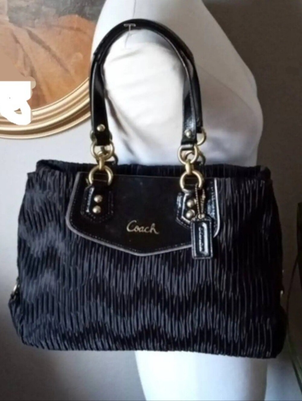 Coach Ashley Black Pleated Shoulder Bag with Gold Hardware